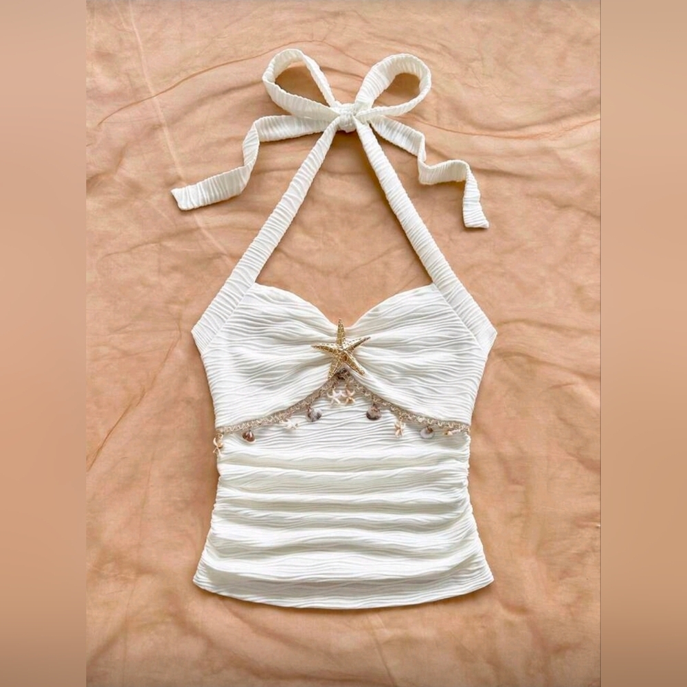 Soleia Tie Strap Starfish Shell Decor V-Neck Metal Buckle Knit Textured Halter - Picture 7 of 7